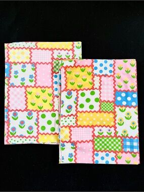 Vtg Sears Ric Rac Patch Patchwork Fabric Twin Flat Sheets Gingham Flower Power